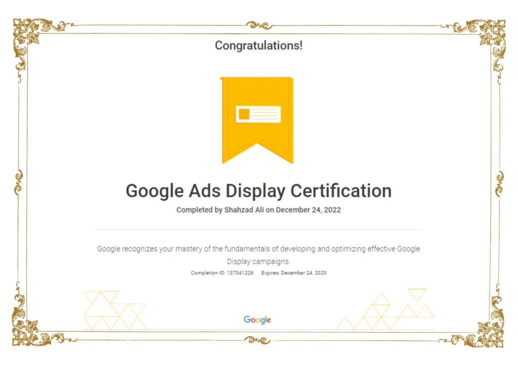 Google Ads Display Certificate on this image